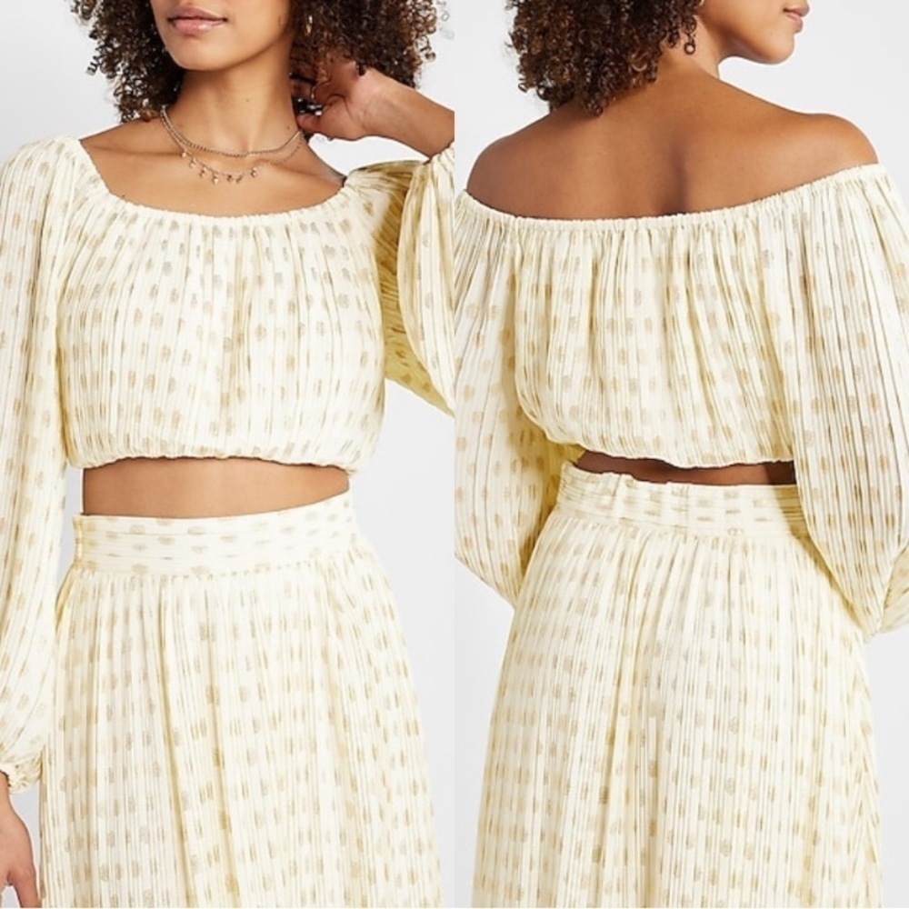 Express X Rachel Zoe New Size XL‎ Ivory Metallic Gold Dot Puff Sleeve Crop Top